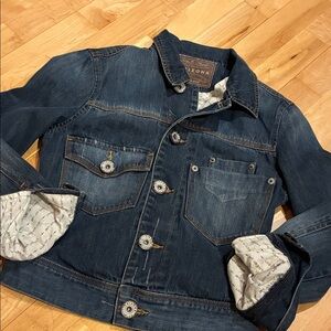 Stylish Distressed Denim Jacket Button Details Lining Fabric Says Love Not War